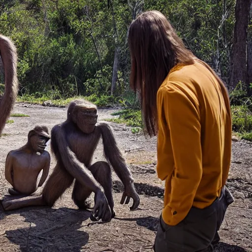 Image similar to Australopithecus meeting modern scientist, field researcher, proto-human meeting modern human, 2022 photograph, award-winning photo