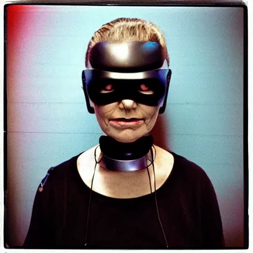 Prompt: grainy photo of an ugly woman, wearing bionic implants, cyborg!! criminal!!, (((((high tech, circuit boards, cyberpunk))))), mugshot!!!