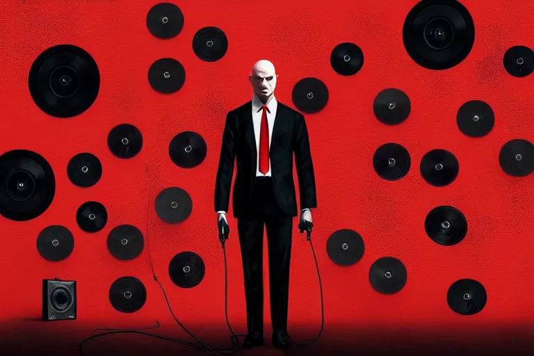 Image similar to an expressive portrait of agent 4 7 from hitman wearing headphones standing in front of a wall of vinyl records, speakers and cables, dark background, red rim light, digital art, artstation, concept art by giger stalenhag