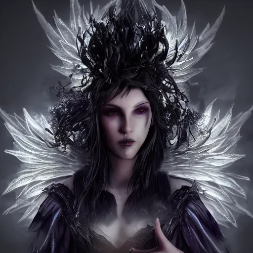 Prompt: beautiful young dark mage with black angelic wings casting a powerful spell, cinematic lighting, dramatic atmosphere, 4k resolution, trending on artstation