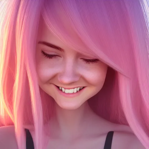 Image similar to beautiful hyperrealism selfie of a cute 3 d young woman smiling sofly, long light pink hair, flushed face, small heart - shaped face, amber eyes, golden hour, 8 k, instagram