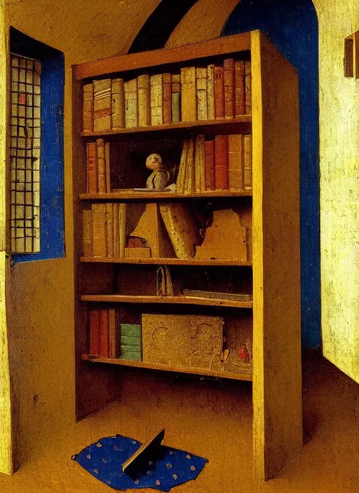 Image similar to bookshelf with books and children toys, medieval painting by jan van eyck, johannes vermeer, florence