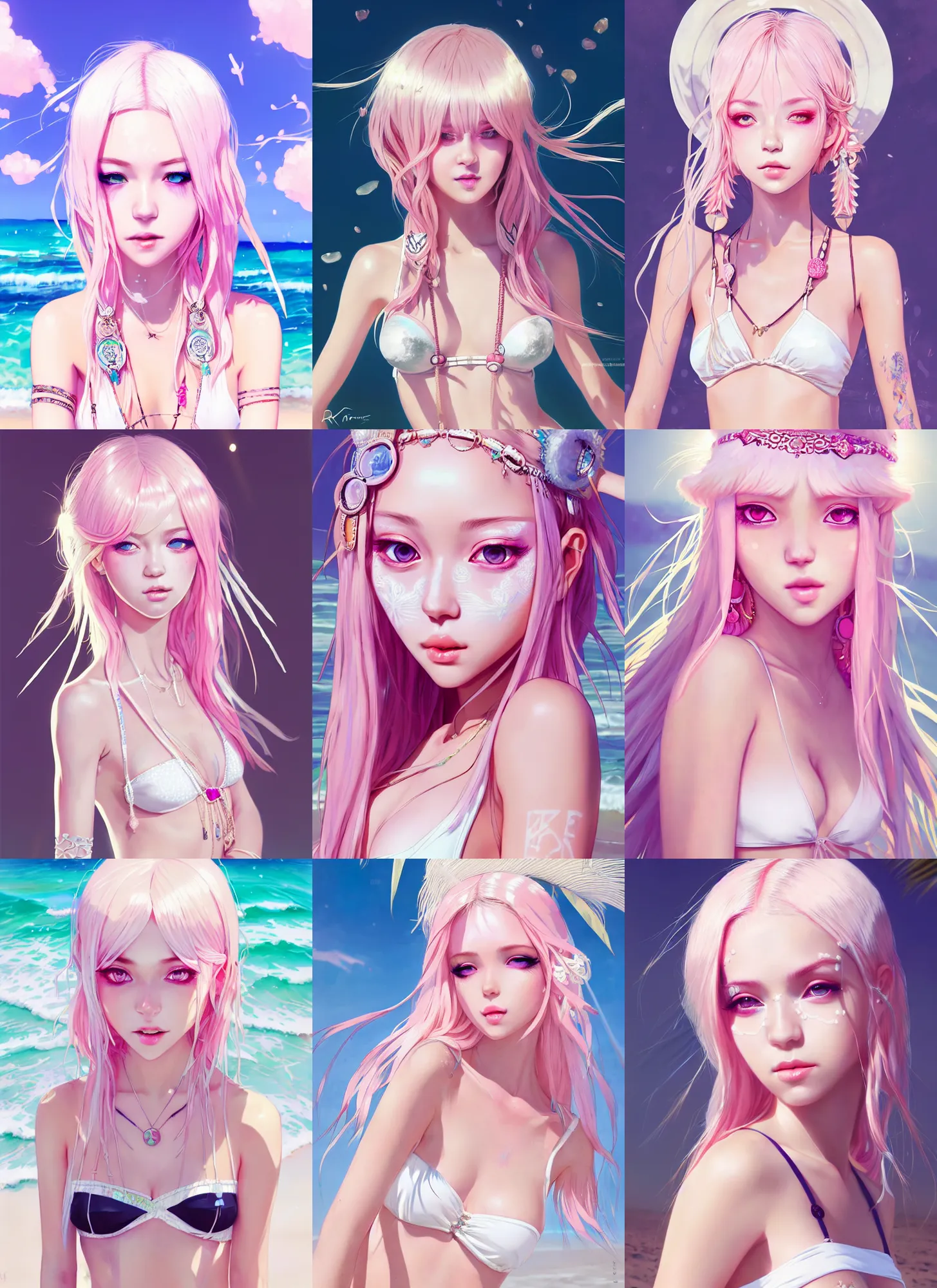 Prompt: portrait of a beautiful stunning girl with pale pink hair with boho accessories, in white reflective bikini at beach, glossy, top lighting, cute face, big eyes, highly detailed, seraphine ahri kda, art by krenz and wenjun lin and starember and kuvshinov ilya and kidmo and rossdraws and artgerm