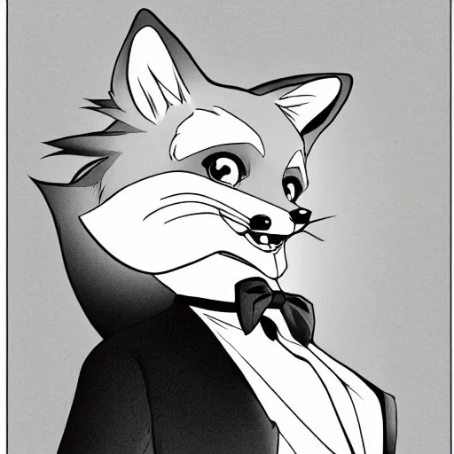 Prompt: official manga line art of a closeup of an anthropomorphic furry male fox wearing a fancy tuxedo, handsome eyes and smile, studio anime line art