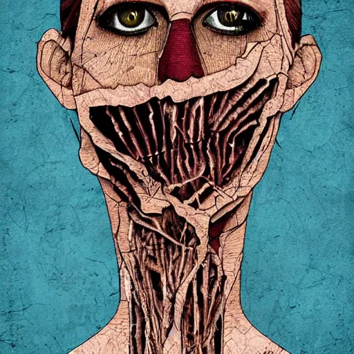 Image similar to face shredded like paper, dark horror, surreal, illustration, by alley burke