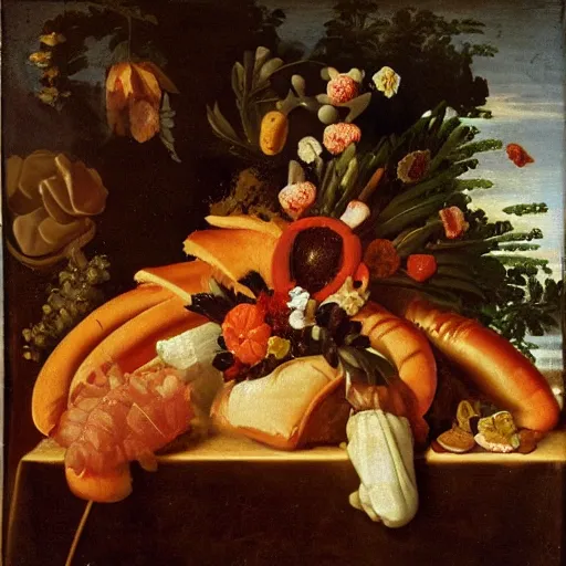 Prompt: hotdog bouquet of flowers in a renaissance dutch still life painting