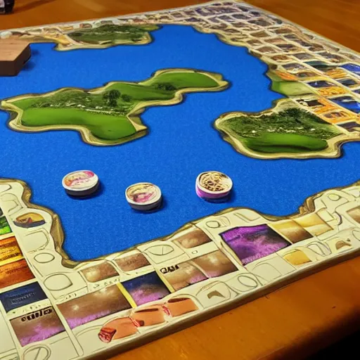 Prompt: board for a board game including two large islands, two medium sized islands, and one small island