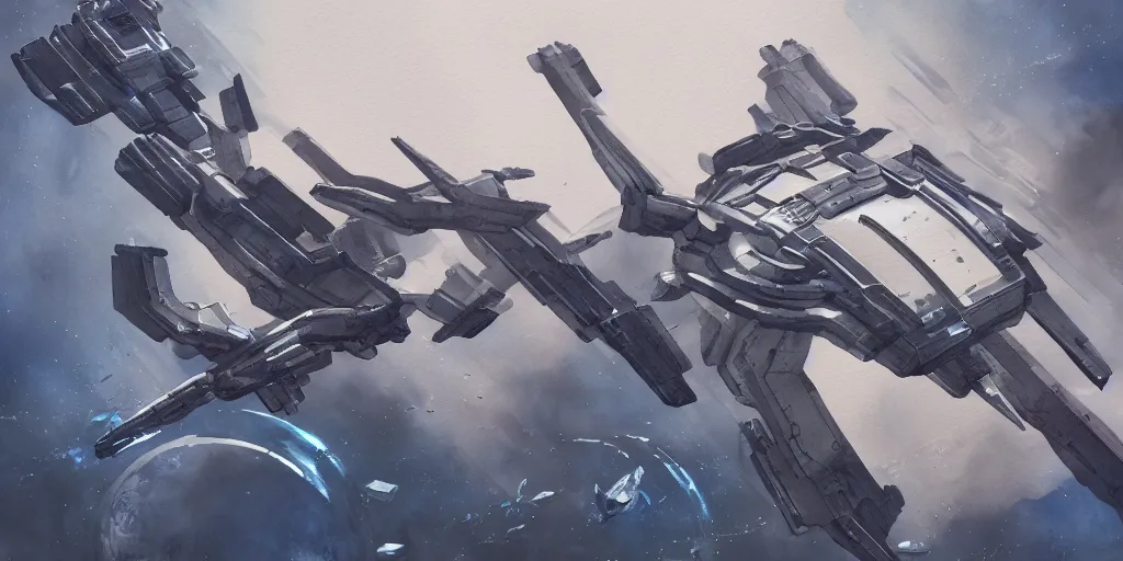 Image similar to Futuristic sci-fi props and gadget, hard surface, collection ,kitbash, parts, artstation, 8k, Shape and form, in watercolor gouache detailed paintings , hull, elite dangerous, star citizen , modular, pieces, big medium small, golden ratio, moebius, close up, form and shape exploration, in watercolor gouache detailed paintings