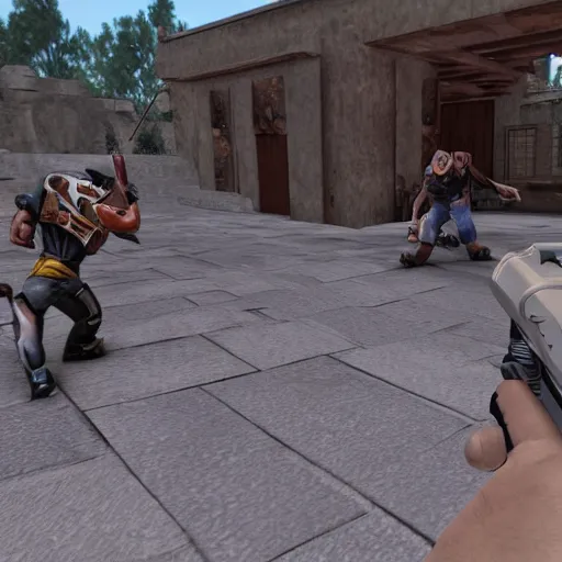 Prompt: quake gunslinger mexican standoff