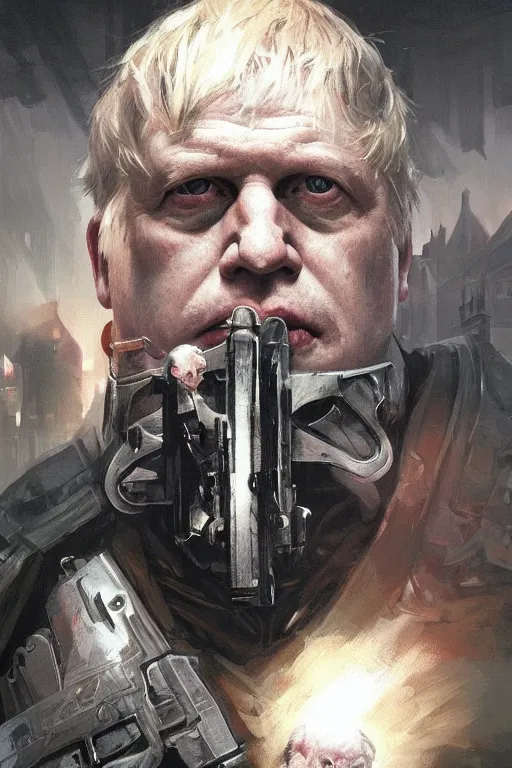 Image similar to Boris Johnson as Punisher, portrait, skull on the armor plate, highly detailed, digital painting, artstation, concept art, smooth, sharp focus, illustration, cinematic lighting, art by artgerm and greg rutkowski and alphonse mucha