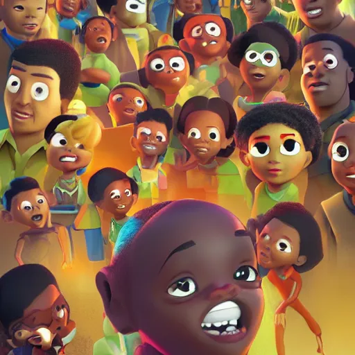 Image similar to stunning, coherent, impressive, still of black family, follow shot, 3d, in the style of pixar, comic book style, 3d, highly detailed, 16k resolution, octane renderer, coherent, cinematic lighting