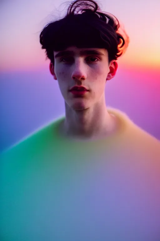 Image similar to high quality pastel coloured film mid angle selfie photograph of a beautiful young 2 0 year old male, soft features, black hair, standing in an icelandic black rock environment. atmospheric. three point light. photographic. art directed. ( pastel colours ). volumetric light. stark. waves glitch. 8 k. filmic.