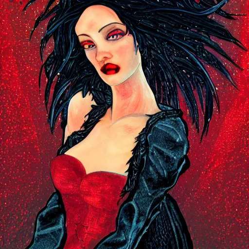 Prompt: urban fantasy character portrait of the goddess of trysts, ownership, hospitality and epiphanies, a vision in a scarlet ballgown, with raven tresses artfully atop her head, intoxicating, slight, asymmetrical face, inescapable presence, every line of perspective, every gaze, every beam of light curves towards Her, adulation