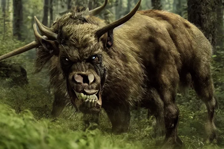 Image similar to vfx movie closeup detailed ancient warrior orc hunting elk in the forest, natural lighting by emmanuel lubezki