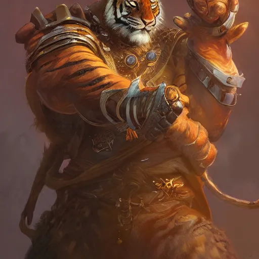 Prompt: a detailed portrait of a tiger earth sorcerer dressed with a leather armor, by justin gerard and greg rutkowski, digital art, realistic painting, dnd, character design, trending on artstation