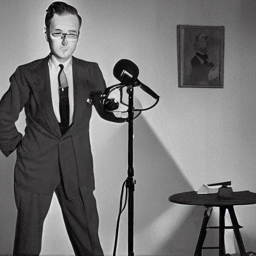 Prompt: A 1940's reporter in a suit with a microphone, photorealistic art, photo,