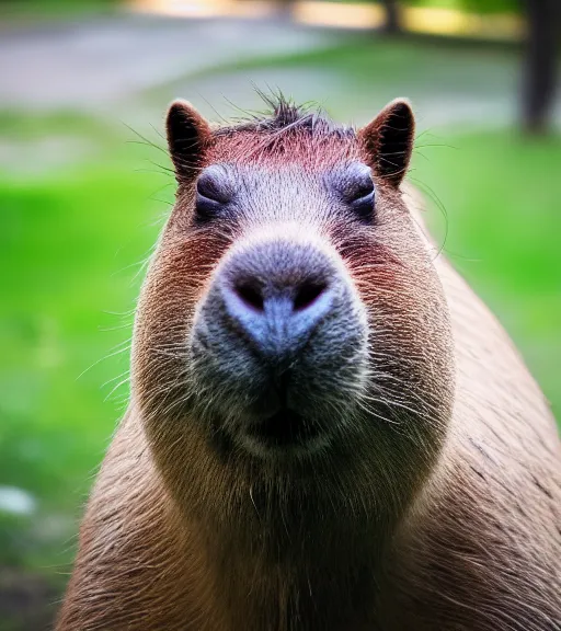 Image similar to award winning 5 5 mm close up portrait color photo of a capybara with pink slime oozing out of its nose, in a park by luis royo. soft light. sony a 7 r iv