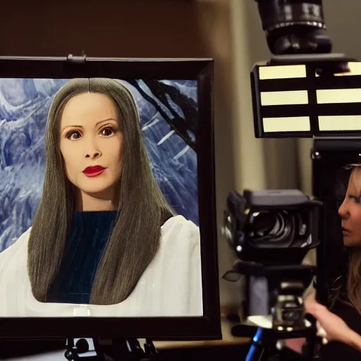 Image similar to stunning portrait painting of a professional network news anchorwoman reporting from the studio in lothlorien interviewing arwen, lord of the rings movie, by daniella zalcman, directed by peter jackson, highly detailed, canon eos r 3, f / 1. 4, iso 2 0 0, 1 / 1 6 0 s, 8 k, raw, symmetrical balance