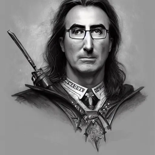 Image similar to portrait of stoic looking john oliver as vigo carpathian, military uniform, fantasy, intricate, elegant, highly detailed, centered, dark, smokey, charcoal painting, digital painting, artstation, concept art, smooth, sharp focus, illustration, art by artgerm and greg rutkowski and alphonse mucha