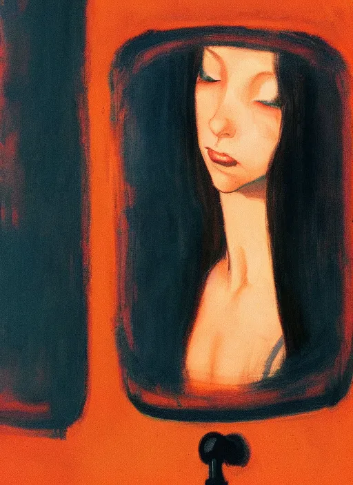 Image similar to a beautiful muse captivatingly dreaming and brushing her hair in front of a mirror made of existential void, the girl from the Ring crawling, in style of John Singer Sargant, Ilya Kuvshinov and Edward Hopper with eerie colors of Mark Rothko, highly detailed