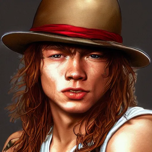 Prompt: young axl rose portrait guns n roses, intricate, highly detailed, digital painting, artstation, concept art, smooth, sharp focus, illustration, unreal engine 5, 8 k, art by artgerm and greg rutkowski and alphonse mucha