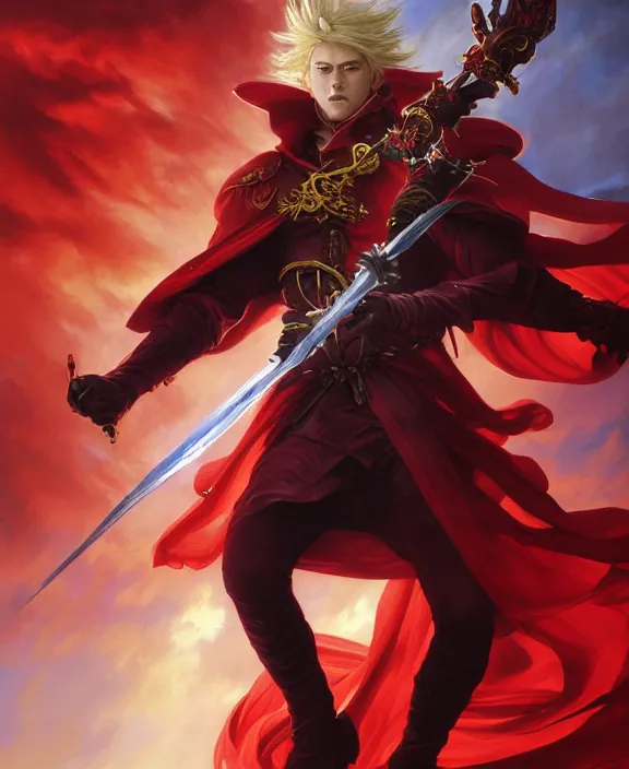 Prompt: A lifelike Portrait of a boisterous Red Mage wearing striped shining armor holding a staff of power surrounded by an epic cloudscape. The Magus Omega . Red Wizard. Morpheus. masterpiece. Symmetrical facial features. 4k digital illustration. by Ruan Jia and Artgerm and Andreas Rocha and William-Adolphe Bouguereau and Jean-Baptiste de Champaigne. award winning, Artstation, intricate details, realistic, Hyperdetailed, 8k resolution. Concept Painting. Key Art