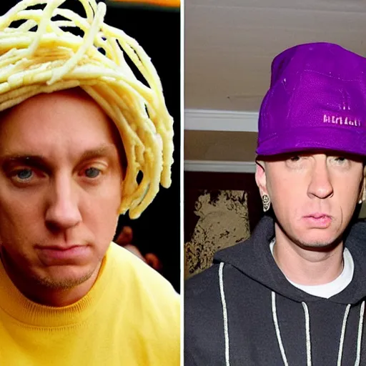 Image similar to eminem wearing a hat made of spaghetti and a purple dress