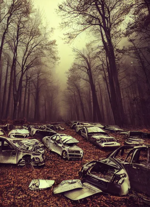 Image similar to beautiful blonde female cop walking through forest of crashed cars, wide shot, full perspective, curvy, mystery, fog, night time, starry skies.