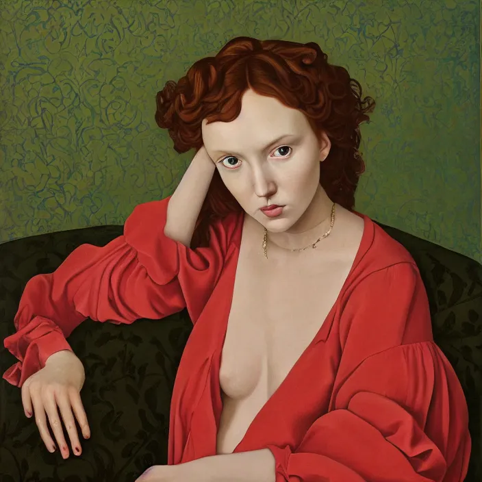 Prompt: a portrait of lily cole, dramatic, sensual, dark background, by kehinde wiley, by elizabeth peyton, by lizzie riches