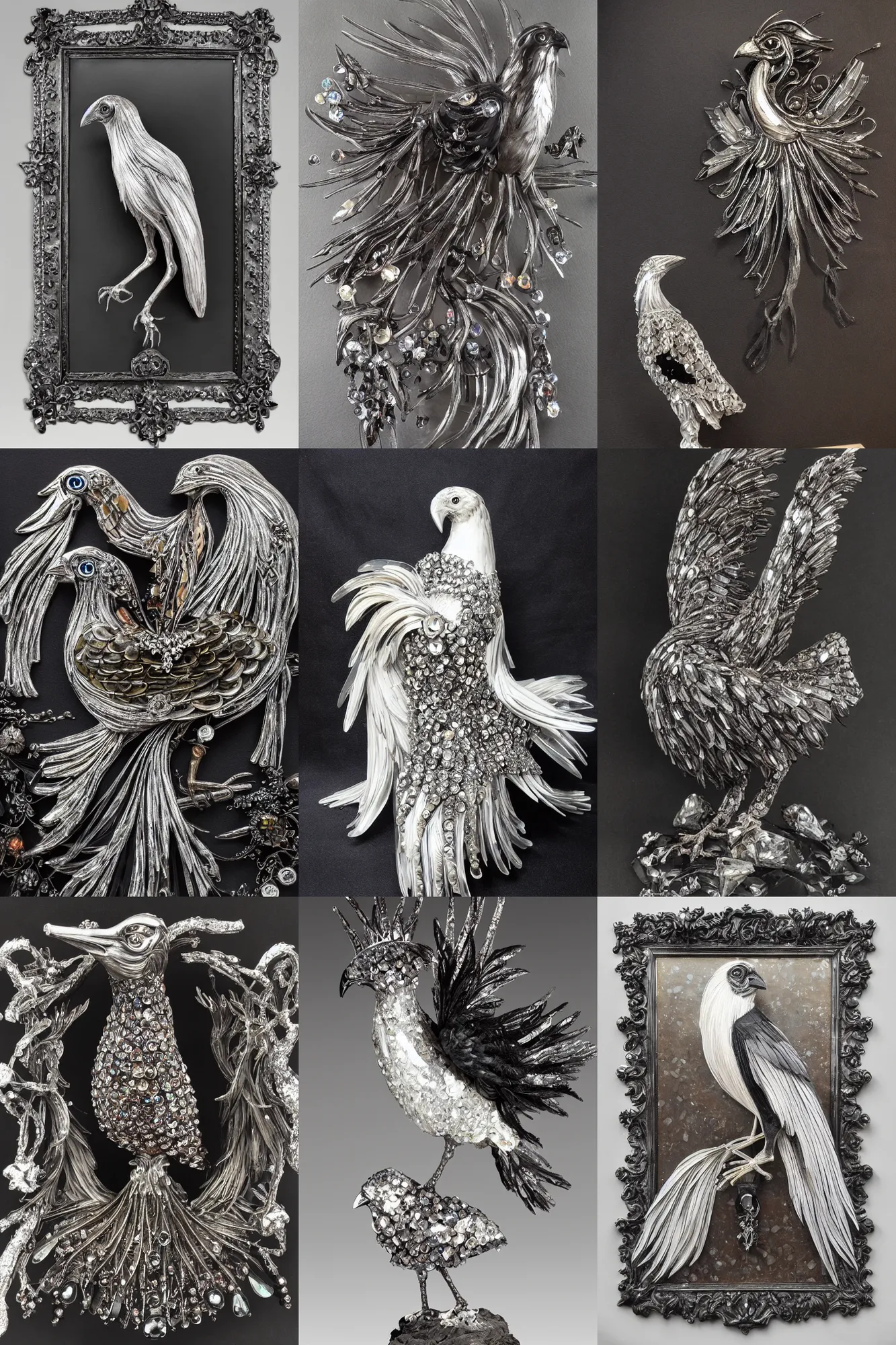 Prompt: large crystal crow on a dark background, silver accents, baroque style, extreme details