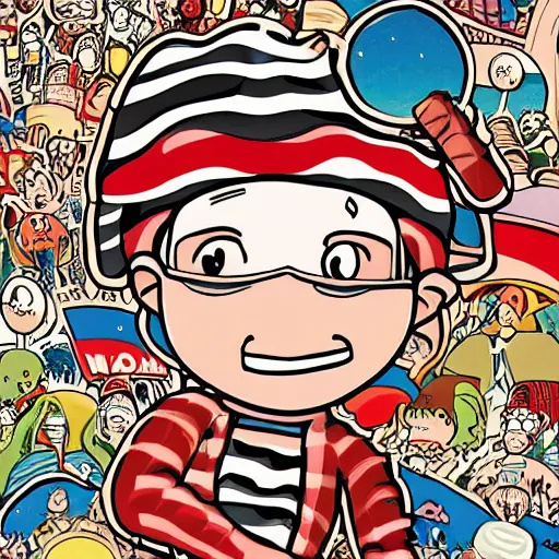 Image similar to wheres waldo in the galaxy, cover art