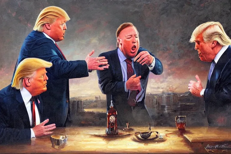 Prompt: portrait of donald trump and alex jones arguing, an oil painting by ross tran and thomas kincade