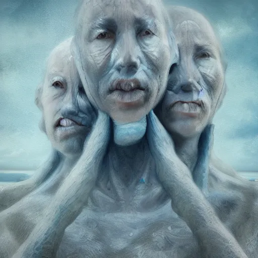 Prompt: a three headed sea hag, extremely detailed oil portrait, digital art, oil painting, cold blue tones, unreal 5 render, digital art, octane render, beautiful composition, trending on artstation, award winning photograph, masterpiece