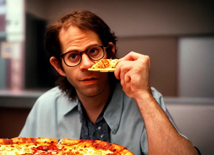 Image similar to detailed portrait of charlie kaufman eating pizza at chuck - e - cheese, dramatic lighting, moody film still from being john malkovich ( 2 0 1 0 ), 3 5 mm kodak color stock, 2 4 mm lens, directed by spike jonze, ecktochrome