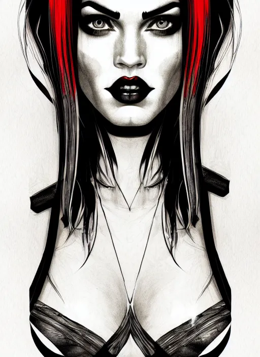 Image similar to symmetry concpet art, full shot, traditional ink, sketch, of megan fox as harley quinn, line sketch, intricate, elegant, highly detailed, monochrome, digital painting, artstation, concept art, green, black, red ink sharp focus, illustration, art by borderlands 3 and peter polach