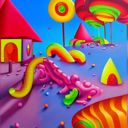 Prompt: candyland, oil and acrylic on canvas, surrealism, high detail