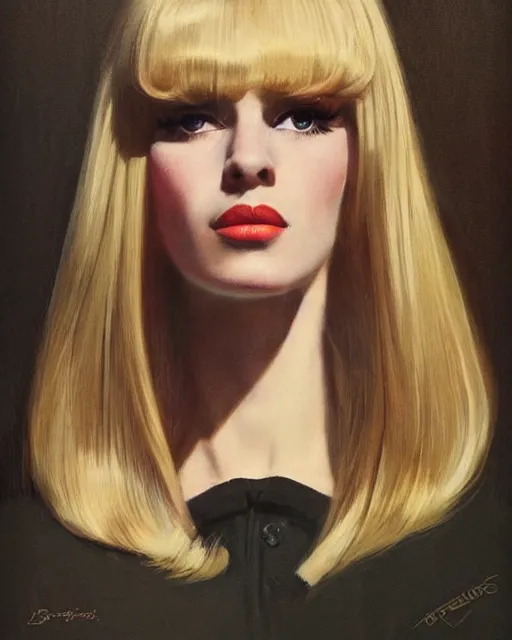 Image similar to portrait 1 9 6 0 s elegant blonde beautiful mod girl, long straight 6 0 s hair with bangs, groovy, by brom, tom bagshaw, sargent