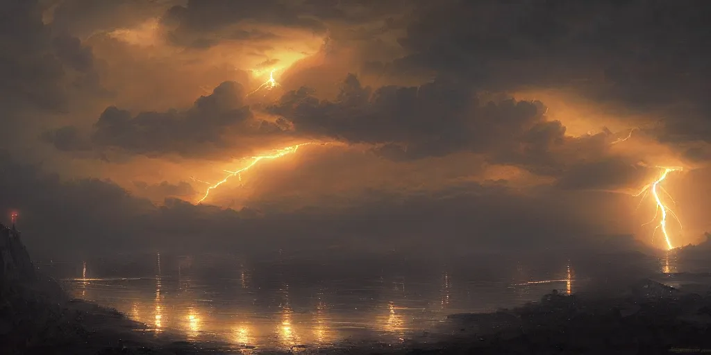 Prompt: lightning strikes at dawn, by Andreas Rocha + Ted Nasmith, dark, cinematic lighting, masterpiece, highly detailed, 8k resolution, trending on art station