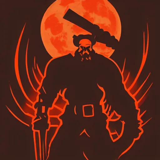 Prompt: a lumberjack in the style of Hellboy at night against the moon