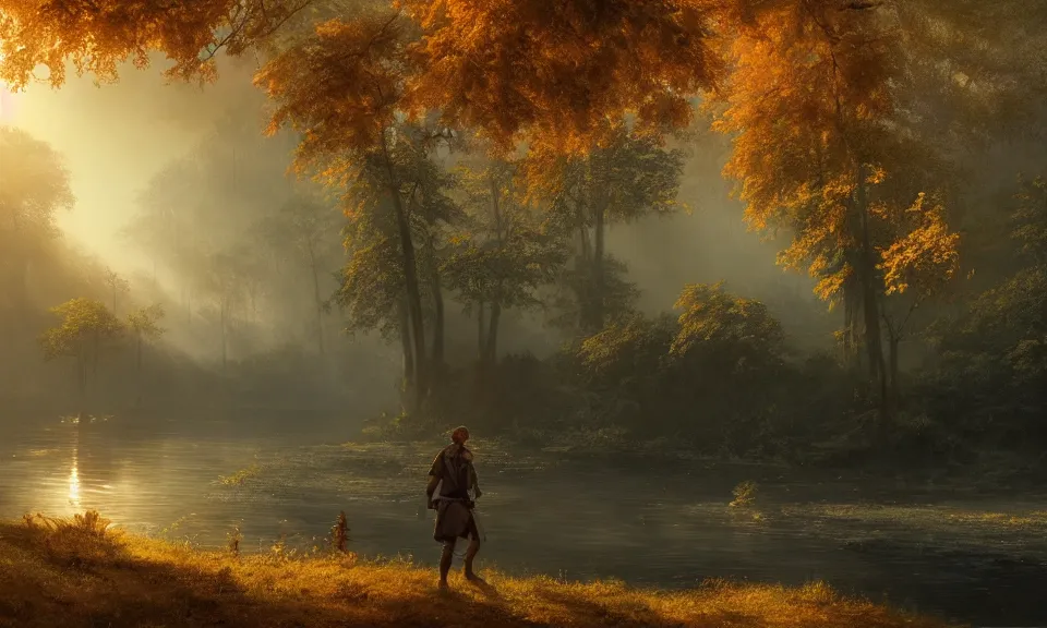 Image similar to Highly detailed 4K fantasy matte painting of an adventurer walking along the river bank in a forest during the golden hour in autumn, volumetric sun rays and dust, water reflection, in the style of Andreas Rocha and Greg Rutkowski