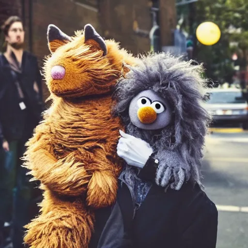 Image similar to a large fluffy muppet fox wearing a hooded cloak holding a small muppet manatee in one arm and a muppet dinosaur cat in the other arm with a small herd of random muppet animals following behind, sesame street, photograph, photography, ultrarealistic, national geographic