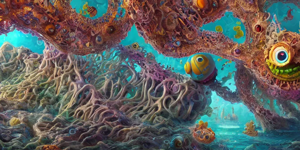 Image similar to of an intricate sea reef with strange cute friendly happy creatures with huge eyes, mouth, long tongue, round teeth and goofy face, appearing from the background, in the style of gehry and gaudi, macro lens, shallow depth of field, ultra detailed, digital painting, trending artstation, concept art, illustration, cinematic lighting, photorealism, epic, octane render