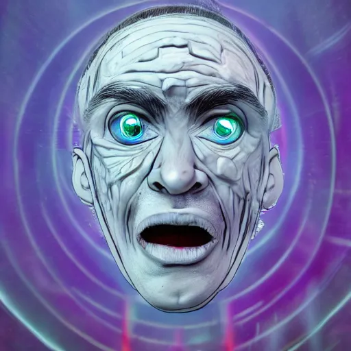 Image similar to man with exaggerated large spiral eyes and drooling mouth under media mind control trending on artstation, mixed media, 8 k ultra