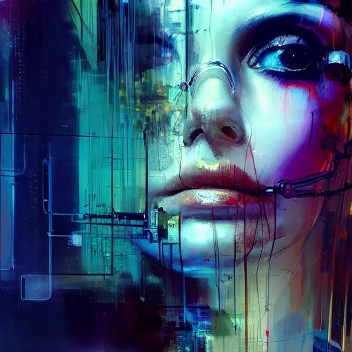 Image similar to beautiful young cyberpunk noir woman vr dreaming of a nightmare glitchcore world of wires, and machines, by jeremy mann, francis bacon and agnes cecile, and dave mckean ink drips, paint smears, digital glitches glitchart