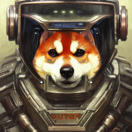 Image similar to the doomslayer as anthropomorphic smiling shiba inu a realistic scifi cyberpunk power armor robot, closeup portrait art by donato giancola and greg rutkowski, vintage retro scifi, realistic face, digital art, trending on artstation, symmetry