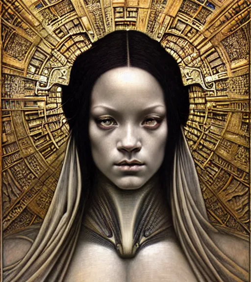 Image similar to detailed realistic beautiful young medieval alien robot rihanna face portrait by jean delville, gustave dore and marco mazzoni, art nouveau, symbolist, visionary, gothic, pre - raphaelite. horizontal symmetry by zdzisław beksinski, iris van herpen, raymond swanland and alphonse mucha. highly detailed, hyper - real, beautiful, fractal baroque