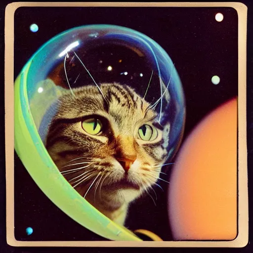 Prompt: Lomotype candid photography of an astronaut brown tabby cat with a bubble as a helmet, visiting Saturn, surrounded by bubbles