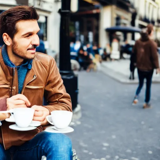 Prompt: a man sitting on a busy street cafe in paris, drinking coffee