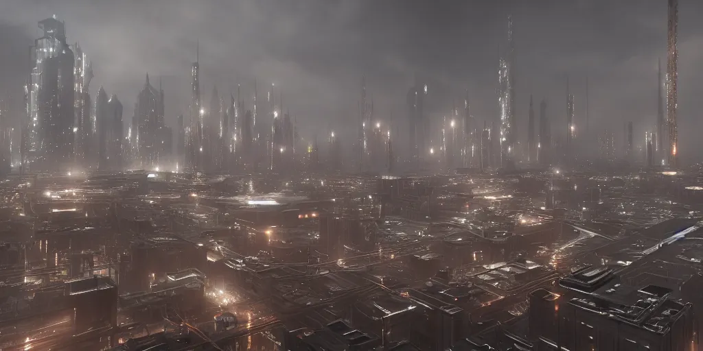Prompt: Coruscant cityscape, Blade Runner style, industrial towers, huge mechanical bridges, buildings design by Tadao Ando and Denis Villeneuve, photorealistic, octane render, 8k