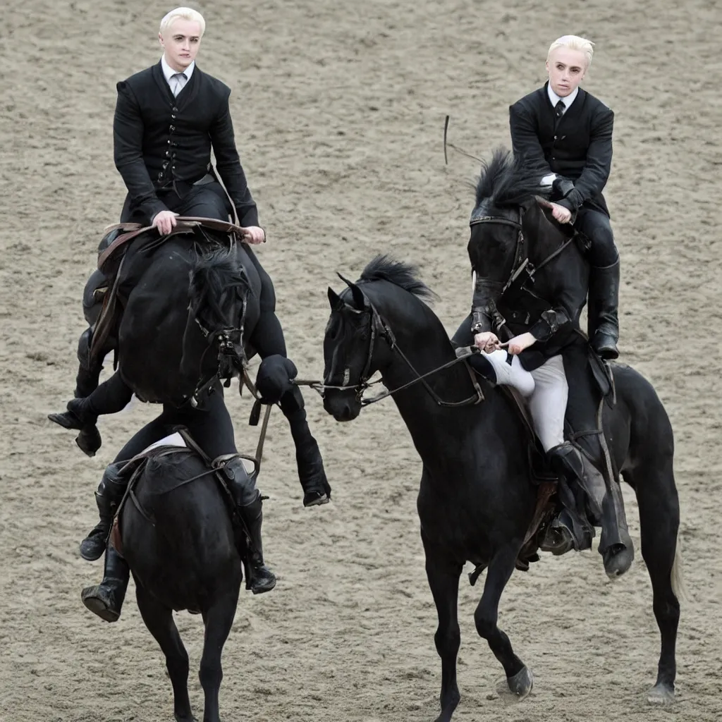 Image similar to Draco Malfoy riding one black horse